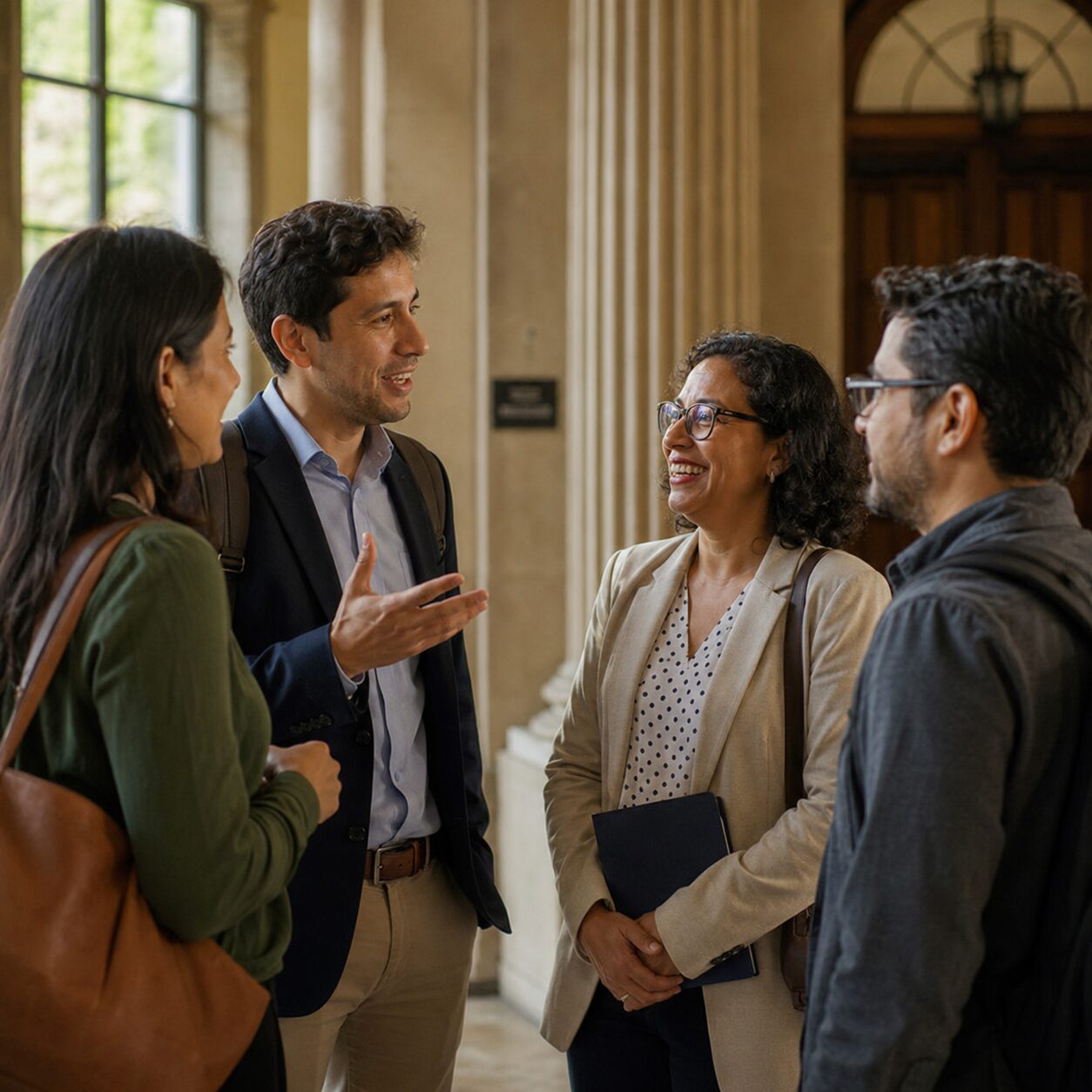 Cuatro profesionales en conversación en el hall de una institución educativa